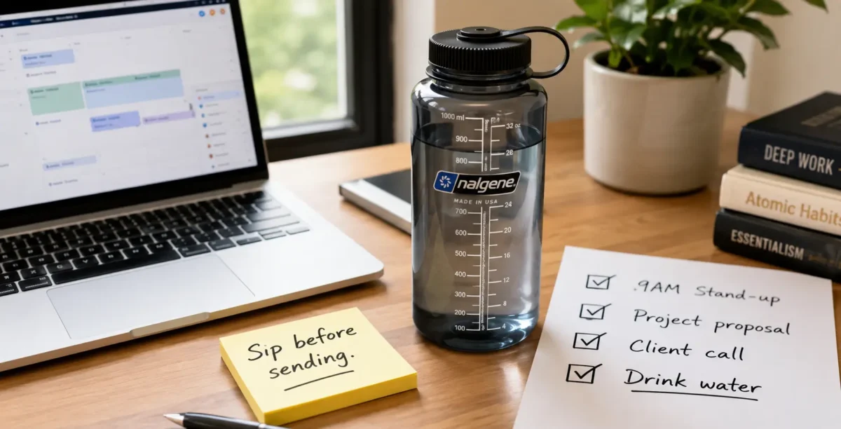 32-ounce Nalgene beside a laptop