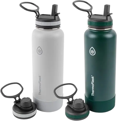 ThermoFlask Stainless Steel Water Bottles 2-Pack - Double-Wall Vacuum Insulated 40 oz BPA-Free Spout Lids - Keeps Drinks Cold 24 Hrs, Hot 12 Hrs - Leakproof, Dishwasher Safe, Gray/Pine