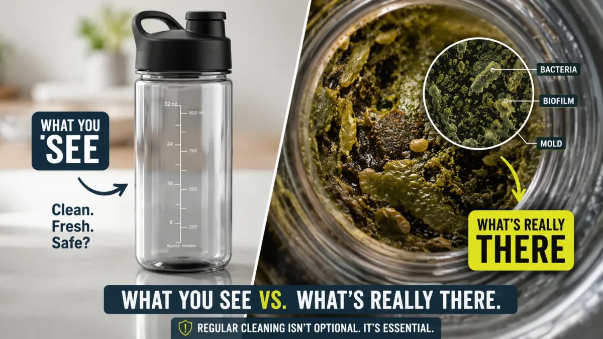 A split image showing a clean bottle on one side and a magnified, grimy biofilm on the other, with a caption like “What you see vs. what’s really there