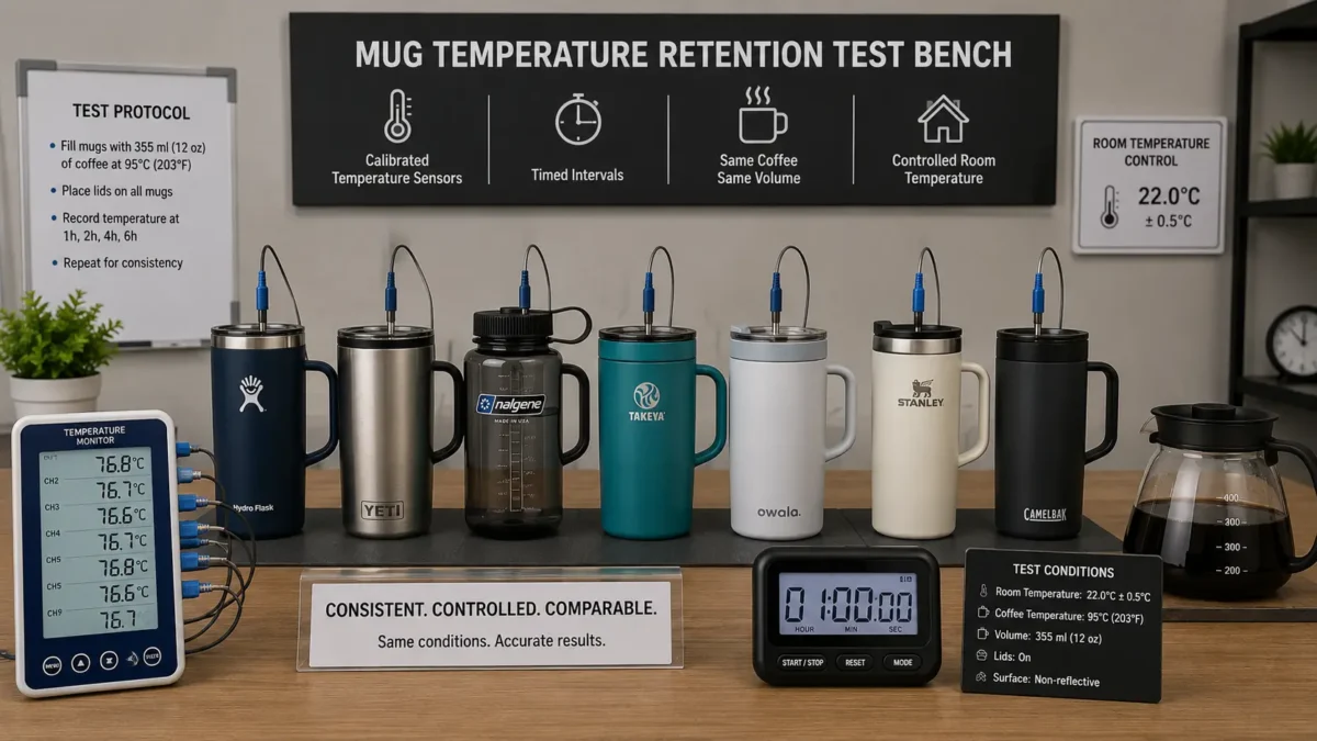 A test bench showing the mugs, calibrated thermometers, timer, coffee, and room-temperature control setup.
