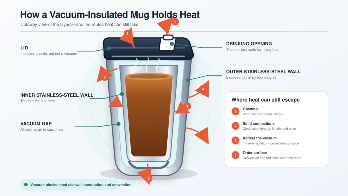 Cutaway diagram showing the inner stainless-steel wall, outer wall, vacuum gap, lid, drinking opening, and the main paths through which heat can still escape