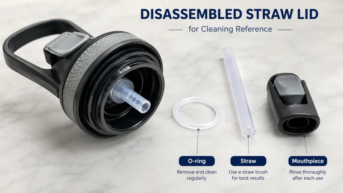 Disassembled straw lid, showing the O-ring, straw, and mouthpiece for cleaning reference.