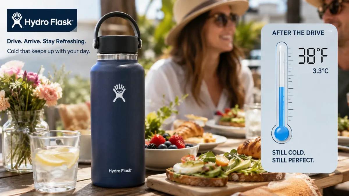 Hydro Flask beside the brunch setting, with a thermometer showing the arrival temperature after the drive.