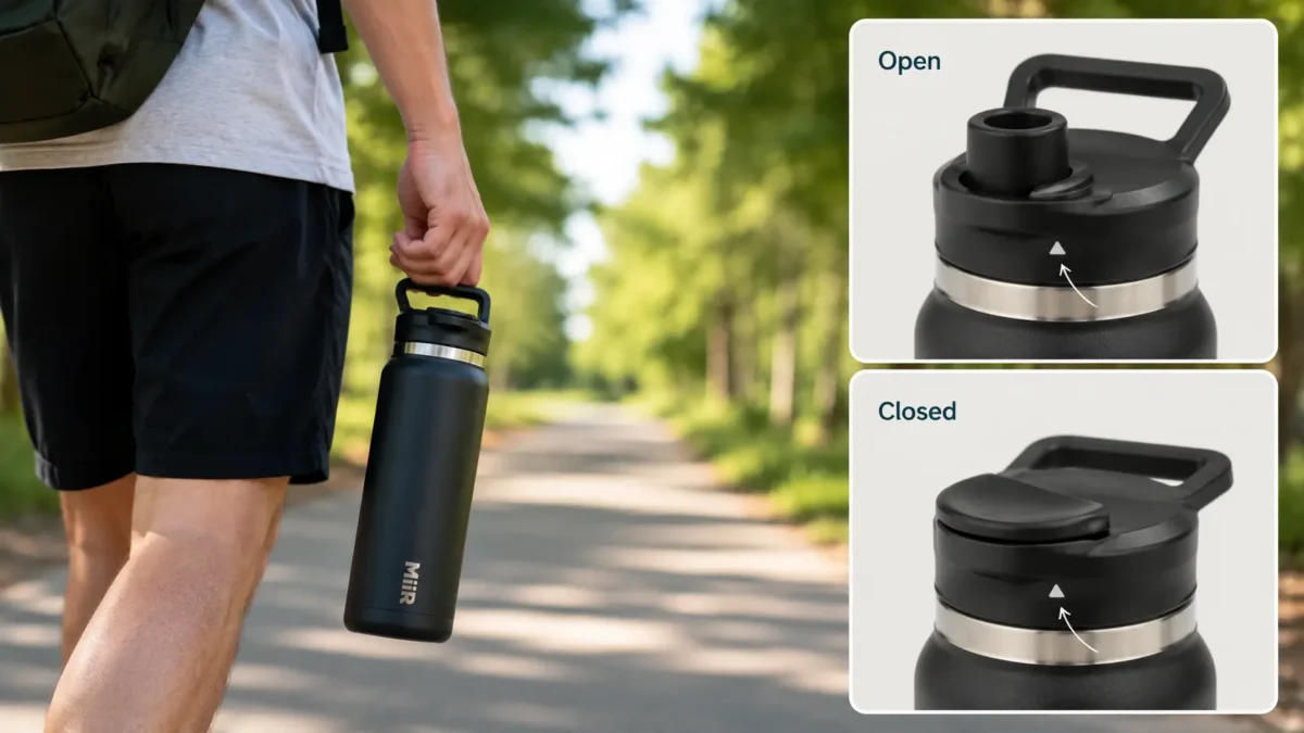 MiiR held during the walk, followed by a close-up showing the open and closed indicator positions.
