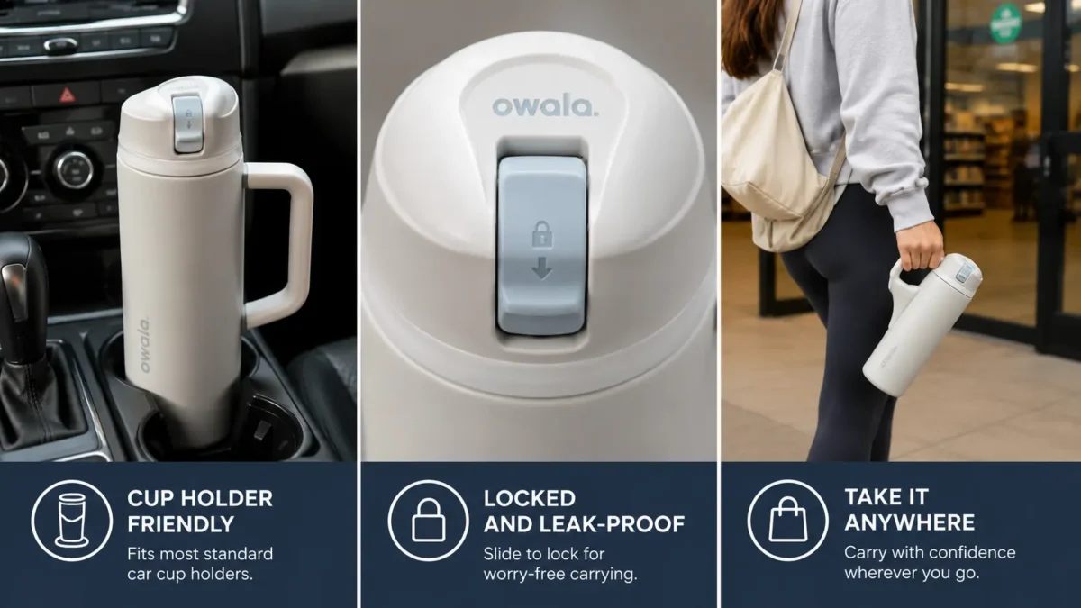 Owala in the car cup holder, followed by an image of the locked slider and the mug being carried into a store.
