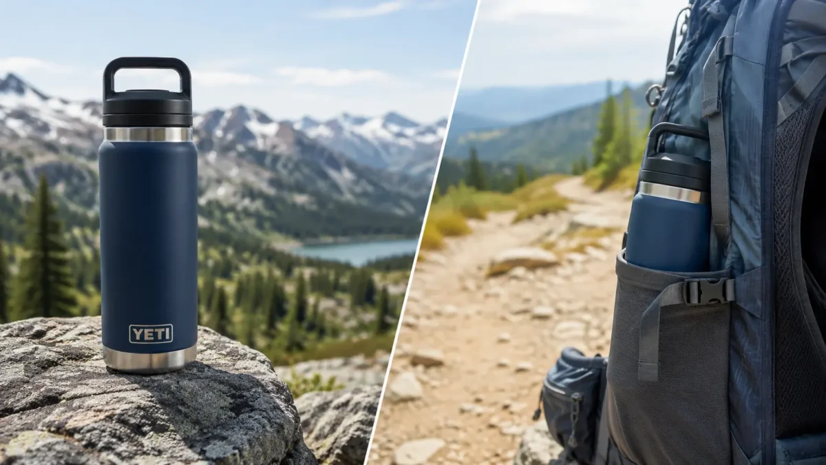 YETI standing upright on a rock or trail bench, with a second image showing its position in the exterior backpack pocket.