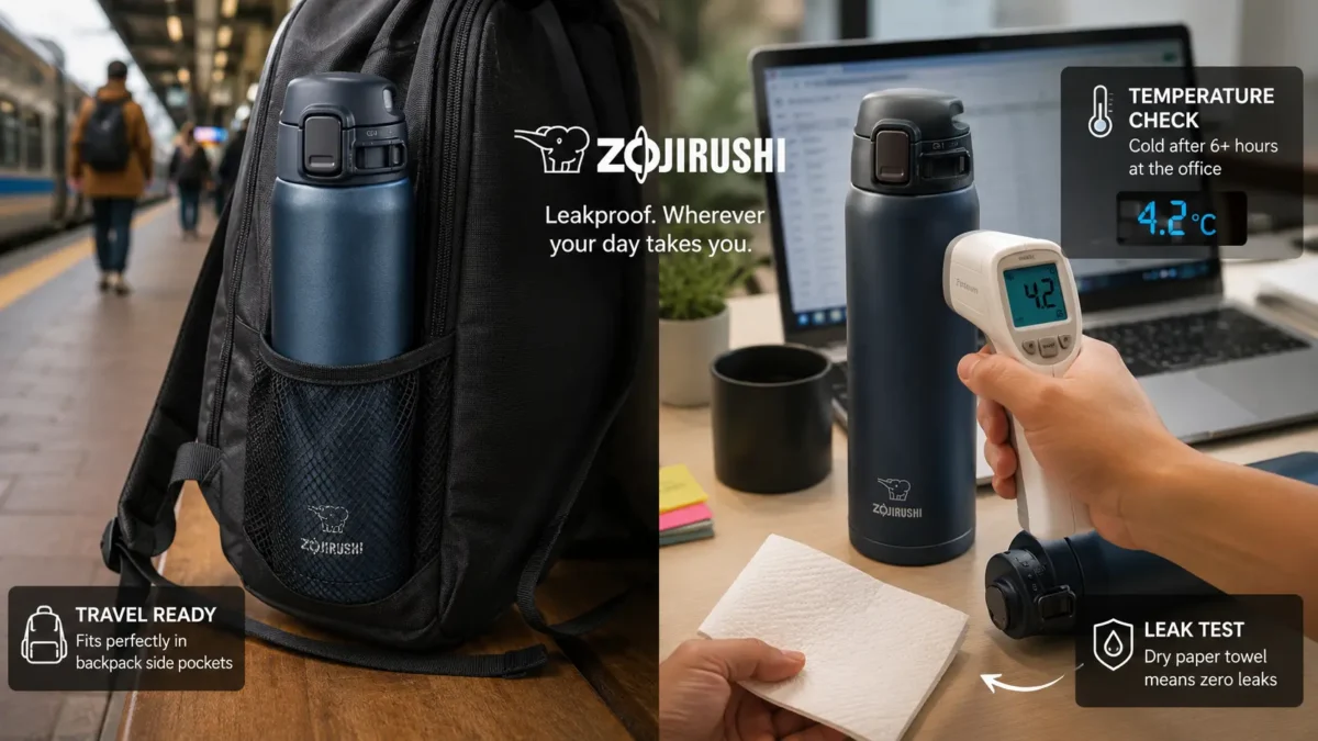 Zojirushi in the backpack side pocket on the platform, plus a dry-paper-towel leak check and temperature reading at the office.