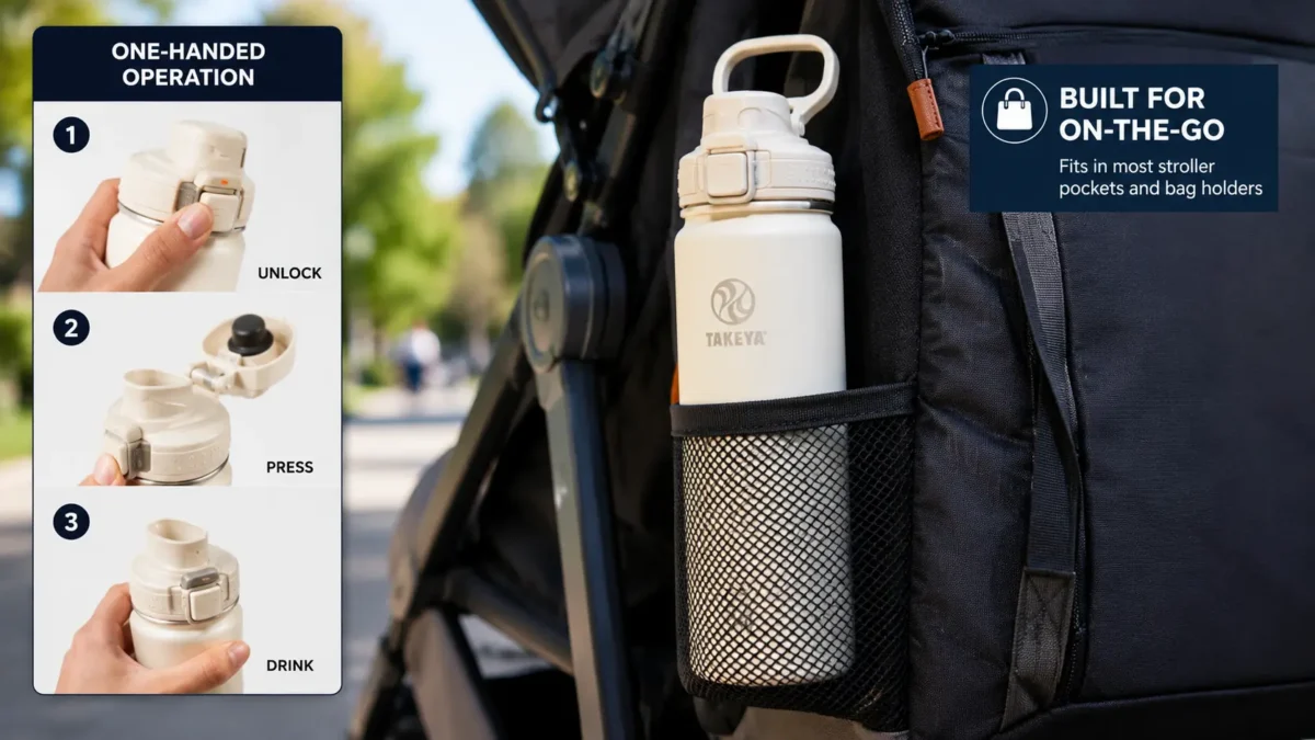 bottle secured upright in an exterior stroller or bag pocket.