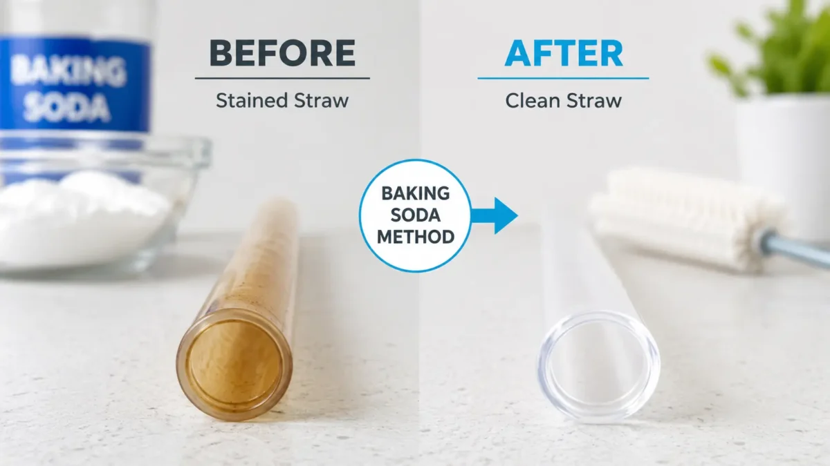 A before-and-after photo of a stained straw next to a clean one after using the baking soda method.