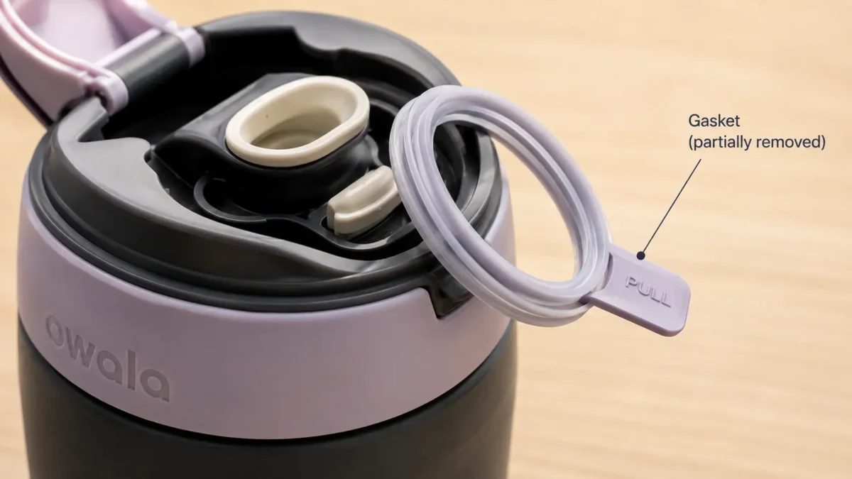 A close-up of an Owala lid with the gasket partially removed, showing the pull tab.