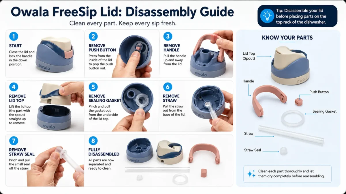 Disassembling a FreeSip lid, labeling each part.