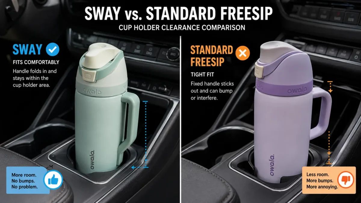 Side-by-side photo of the Sway in a car cup holder next to a standard FreeSip, highlighting the handle clearance.
