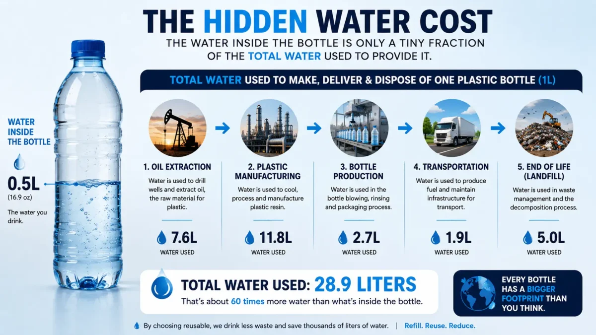 The water inside a bottle to the total water used in its production, with icons for each stage, oil rig, factory, truck, landfill.